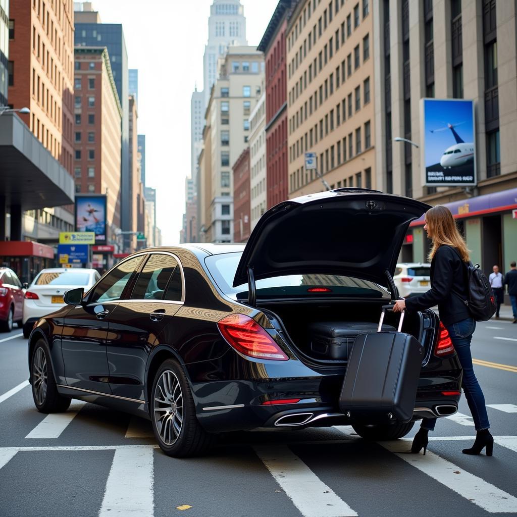 NYC to Newark Airport Car Service: A black car service pulls up to the curb at a bustling New York City street, ready to whisk a passenger to Newark Liberty International Airport.