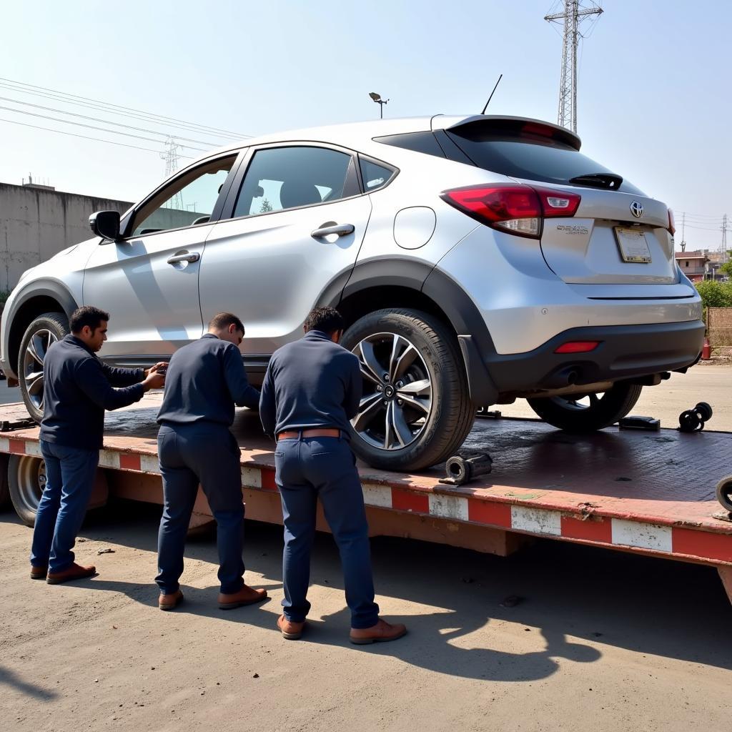 Professional car carrier service in Delhi loading a vehicle onto a trailer.