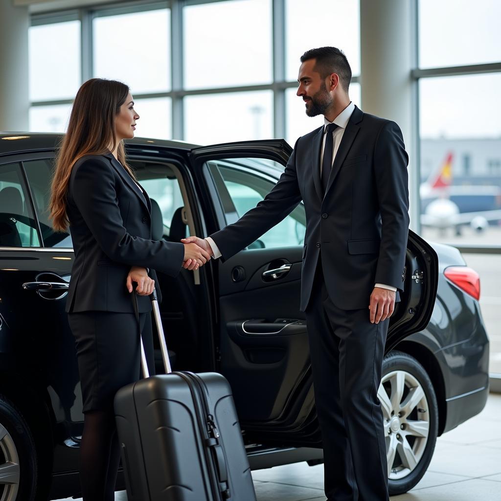 Professional Chauffeur Meeting Client: A chauffeur in a uniform greets a client outside the Fort Lauderdale-Hollywood International Airport, assisting them with their luggage.