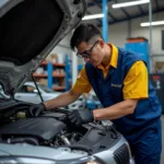 Qualified Car Mechanic Working on Engine