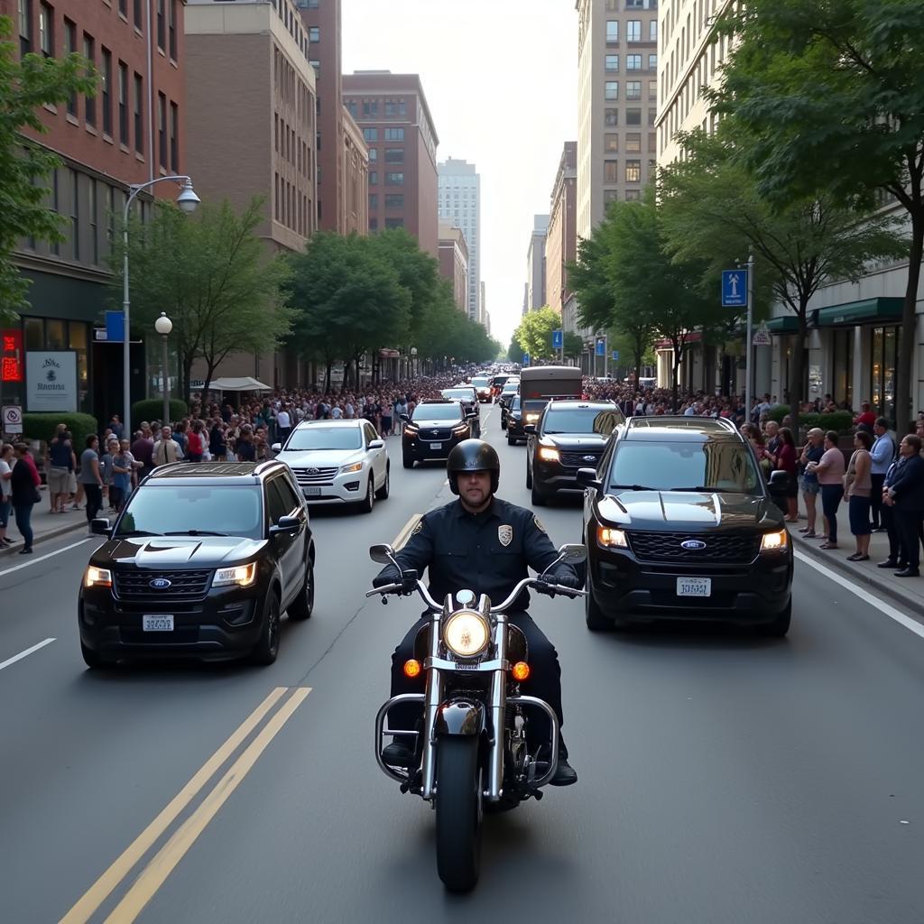 A motorcade of US Secret Service vehicles escorting a protectee.