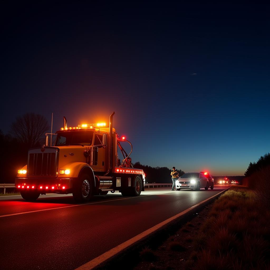 Tow truck assisting a car on a highway at night