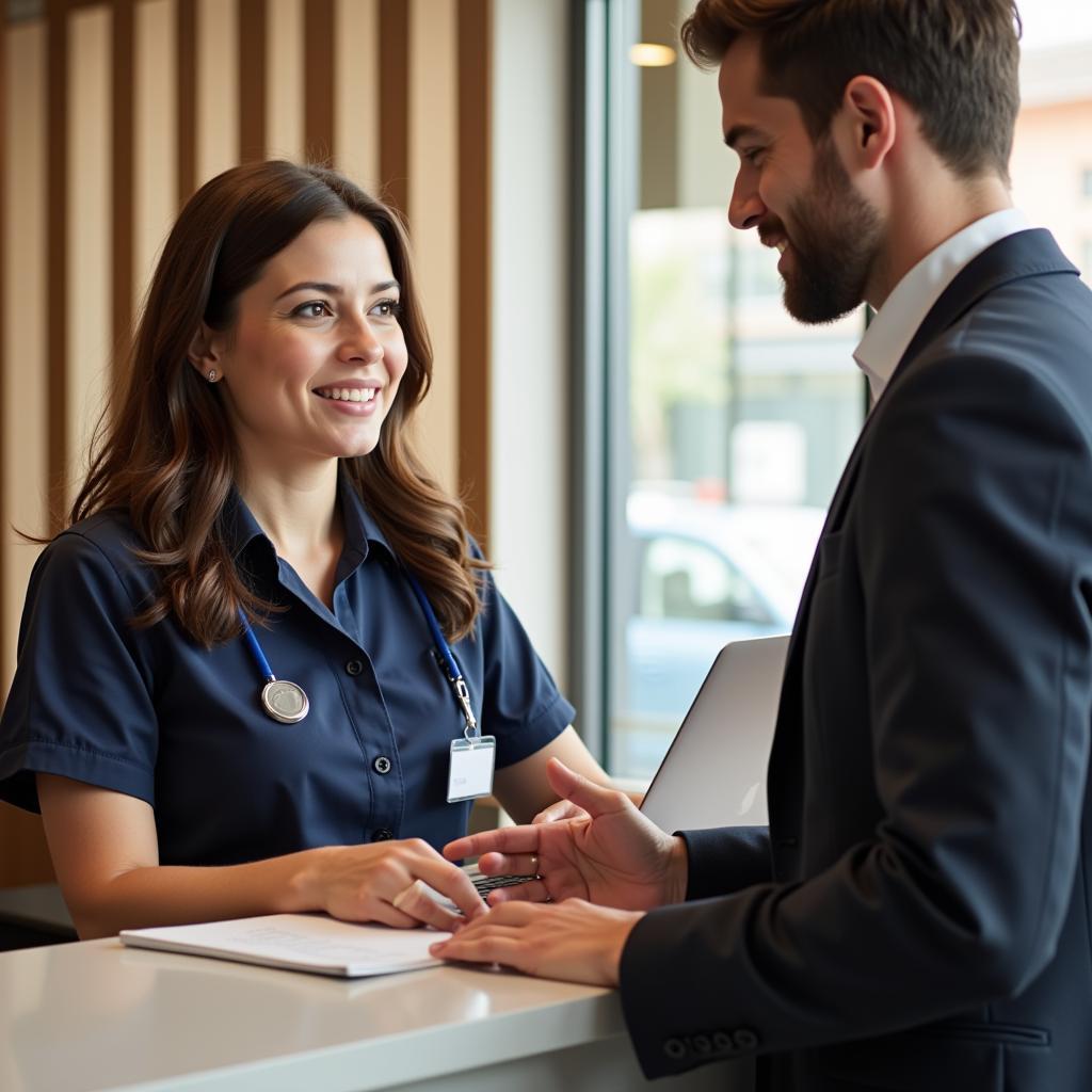 Friendly and professional staff member at a UK car service centre discussing car maintenance with a customer