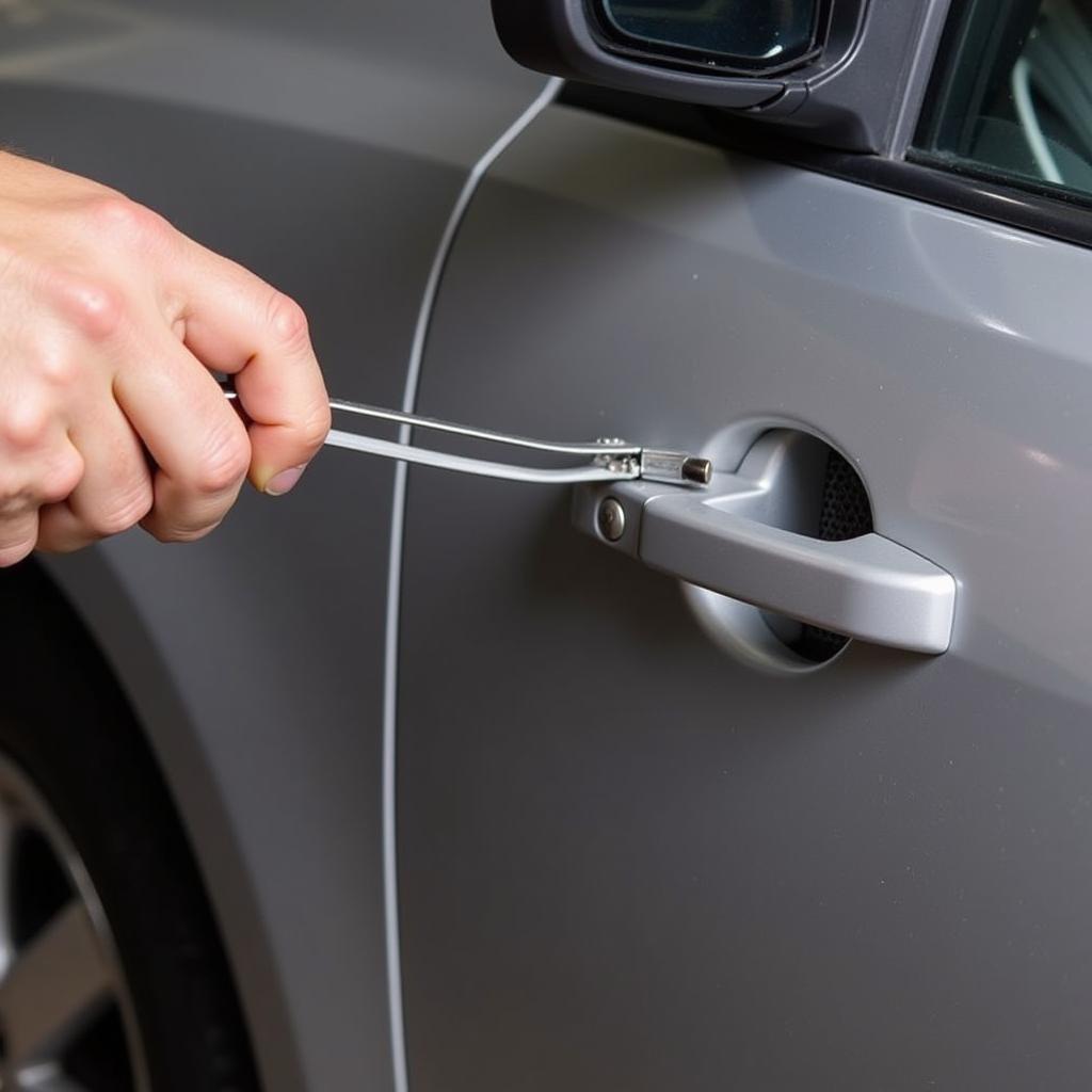 Attempting to unlock a car door with a slim jim