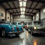 Vintage cars arranged for a film shoot inside a garage